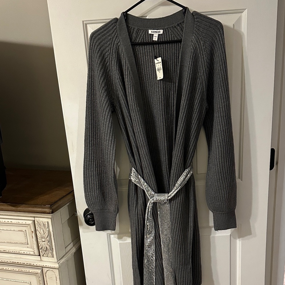 NWT Express gray sweater cardigan/duster with silver glitter tie. Size medium.